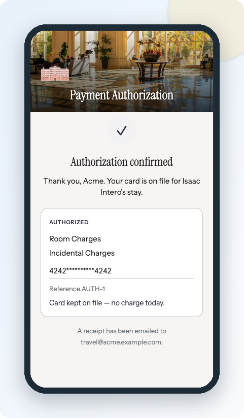 Payment authorization confirmed - card on file for a hotel stay
