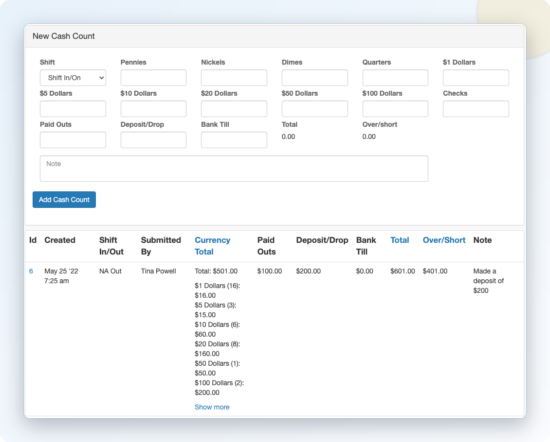 Hotel Cash Counts Software