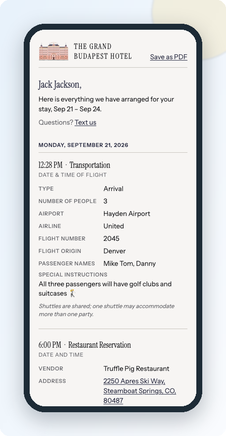 Live guest itinerary with an airport shuttle and a dinner reservation
