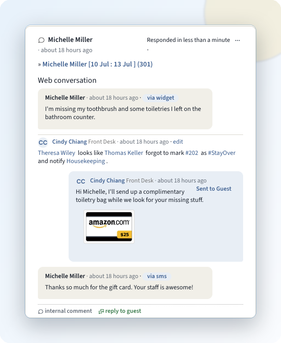 Hotel chat thread with staff-only internal comments and replies sent to the guest