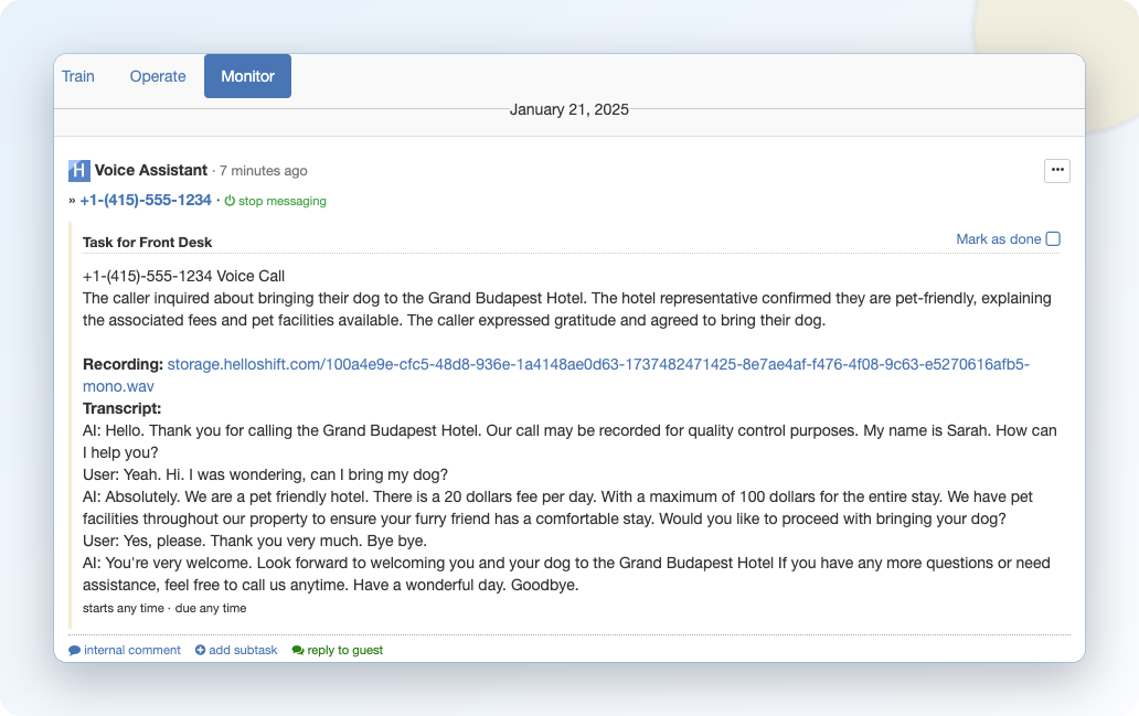 Monitor AI voice calls - transcripts and interaction logs